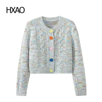 HXAO есен дамски пуловер цветни изрязани пуловери мода O-образно деколте дълъг ръкав жилетки плетени кашмир жилетка за жени