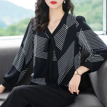 Дамски ежедневни свободни блузи Ризи Дамски дълъг ръкав V-образно деколте папийонка декор Раирани печатни блуза върхове SP553