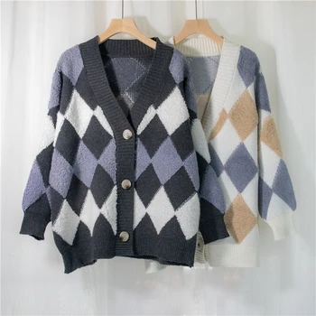 Дамски американски ретро есенен/зимен пуловер ромбична плетена жилетка дизайн случайни High Street хлабав пуловер палто отгоре