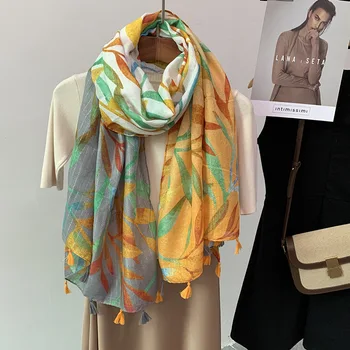 2023 Нов градиент листа печат Lurex пискюл шал шалове дълги жени плаж листа шалове хиджаб обвивка 4 цвят безплатна доставка