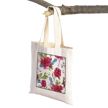 Nordic Cartoon Floral Bird Women Canvas Shopping Bag Plant Flower Shopper Bags Double Print Supermarket Tote Handbag