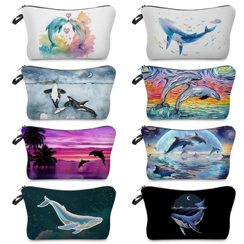 Жени козметични чанти кит или делфин отпечатани мода грим организатор чанта тоалетни принадлежности комплект училище учител подарък открит плаж пътуване
