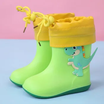 All Seasons Детски ботуши за дъжд Момчета момичета 3D карикатура динозавър водоустойчиви гумени обувки сменяеми памучни покрития Комфортни дъждовни обувки