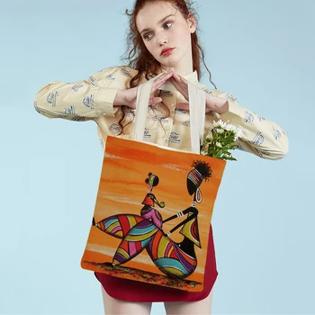 Fashion Orange Africa Life Girl Art Casual Women Shopping Shoulder Bag Double Print Reusable Canvas Cartoon Lady Tote Handbag