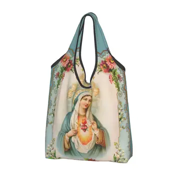 Дева Мария за многократна употреба Пазарски чанти за хранителни стоки Сгъваема 50LB тегло капацитет Дева Мария от Гуадалупе Еко чанта Екологичен Ripstop