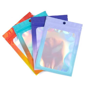 50pcs градиент цвят лазерно фолио цип чанти с прозрачен прозорец розови лилави торбички за DIY бижута дисплей опаковки на дребно