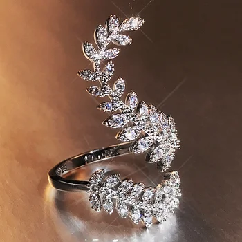 Huitan грациозни листа двата края на отворен пръстен сребърен цвят момиче коктейл парти пръстени блясък кристал циркон мода жени бижута