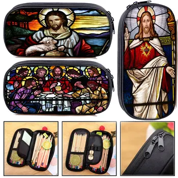 Реколта Исус религиозен печат козметична чанта жени грим чанти млади момчета и момичета молив чанта училище случай деца стационарни чанти