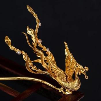 Оригинален дизайн Триизмерен древен златен занаят Луксозна диадема Феникс Етнически стил бижута за коса Cheongsam пискюл аксесоар
