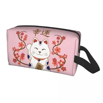 Maneki Neko котка с късмет Канджи козметична чанта жени Kawaii голям капацитет грим случай красота съхранение тоалетни чанти