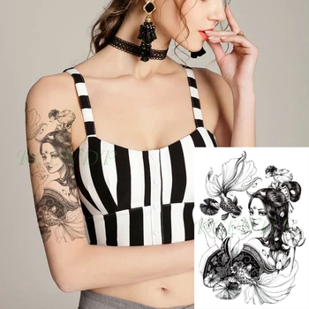 водоустойчив временен стикер за татуировка Риба японски стил секси момиче лотос цвете тотем фалшив Tatto флаш Tatoo за мъже жени