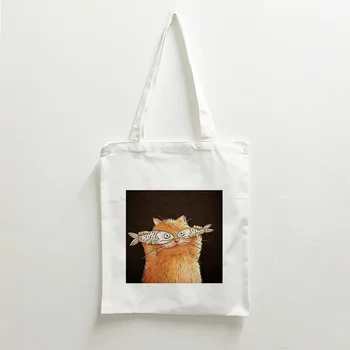 Canvas Tote Cat Print Shopping Супермаркет Естетически чанти за жени Casual чанта за рамо