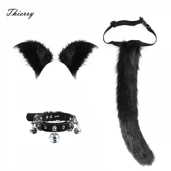 Thierry Adult Erotic Cosplay Set Black Plush Ear Headgear, Neck Collar with Bell, Fox Long Tail, Секс играчки за двойка Игри за възрастни