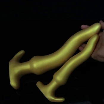 32.5cm Супер дълъг анален щепсел Златен силиконов челен щепсел Меки анални мъниста Анален треньор Двойка Секс играчки Голям анус играчки G-точка масаж