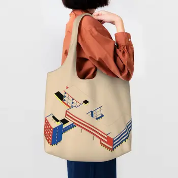 Bauhaus Цветен блок Геометрична линия Модерна пазарска чанта за хранителни стоки Жени платно купувач рамо чанта голям капацитет чанти