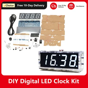 Компактен 4-цифрен DIY цифров LED часовник комплект светлина контрол температура дата и час дисплей с прозрачен калъф