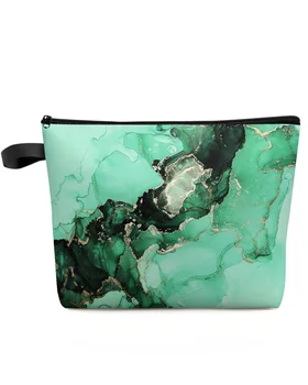 мраморна текстура зелен голям капацитет пътуване козметична чанта преносим грим съхранение торбичка жени водоустойчив молив случай