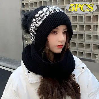 8PCS шапка шал всичко-в-едно женски зимата топло заек коса трикотажна шапка колоездене защита на ухото подплатени сладък студено доказателство врата капачка