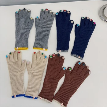 Жени Ръкавици от кристал Зимни топли ръкавици с пръсти Плетени ръкавици с кристални декори на върха на пръстите Луксозни ръкавици