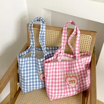 Candy Цветни платно чанта Голям кариран платно чанта сладък платно чанта за момичета