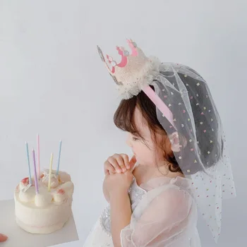 Деца момичета марля корона лента за коса рожден ден забрадка принцеса стил пайети шапки честит рожден ден парти аксесоари за коса шапки