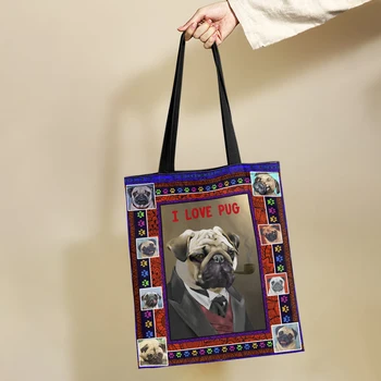 Yikeluo Смешни мопс дами голям капацитет многократна употреба пазарска чанта куче любители платно чанта младежка училищна чанта ключ пътник чанта