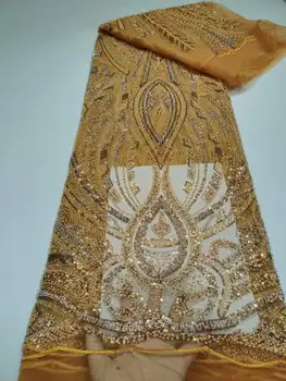 Мода Луксозна френска бродерия Beaded дантела плат африкански нигерийски с пайети плат за сватбена рокля