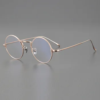 Реколта ултралеки чисти титанови очила рамка японски деликатен издълбани златен ръб кръгла рамка очила тенденция късогледство