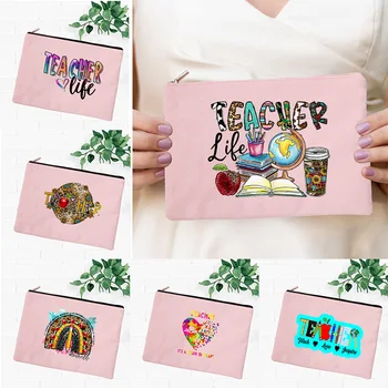 Модел на живот на учителя Розова платнена чанта за грим 2023 Подарък за Деня на учителя Пътуване Козметична чанта Грим съхранение Организатор Wallet