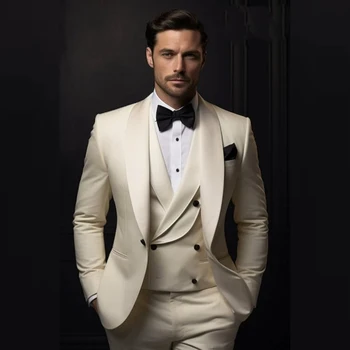 шампанско костюми за мъже Blazer сватба пълен комплект еднореден шал ревера плосък кльощава 3 парче яке панталони жилетка тънък облекло
