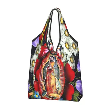 Дева Мария от Гуадалупе пазарска чанта жени голяма пазарска чанта преносима мексиканска дева мария мексико цветя Тилма хранителни стоки чанти за пазаруване