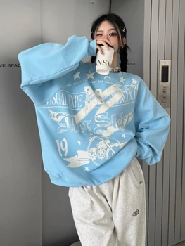 Deeptown Y2K реколта звезда печат суитчъри жени Harajuku хип-хоп извънгабаритни качулки хлабав случайни пуловер върховете гръндж естетика