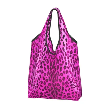 Kawaii розов леопард пазаруване мъкна преносим животински кожата печат хранителни стоки купувач рамо чанта