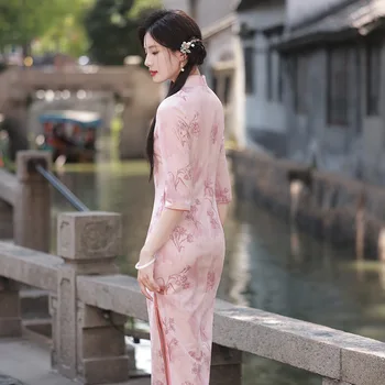 Yourqipao 2023 есенен велур наклон с дълги гърди Cheongsam литературно ретро парти Pink Qipao китайски стил вечерна рокля за жени