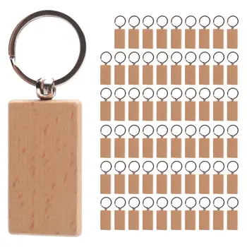 60Pcs празен правоъгълник дървен ключодържател DIY дървени ключодържатели ключови маркери могат да гравират DIY подаръци