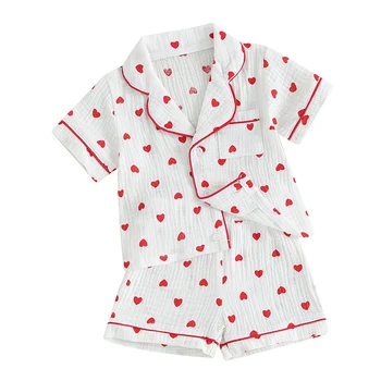 Малко дете бебе момиче Ден на Свети Валентин пижами Комплект сърце бутон надолу къс ръкав спално облекло шезлонги 2 парче Pjs комплект