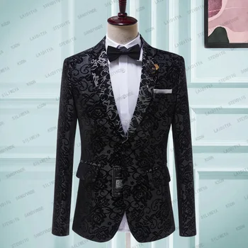 Blazer мъжки костюм черен жакард плат назъбени ревера еднореден ретро модел случайни бизнес тънък годни едно парче 2023