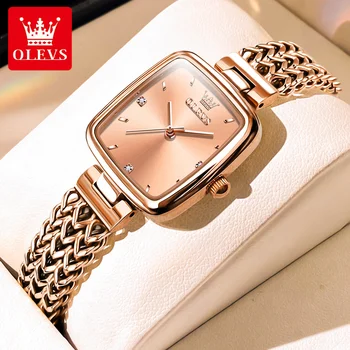 OLEVS Дамски кварцов часовник мода розово злато елегантен дамски часовник от неръждаема стомана прост квадрат водоустойчив дамски часовник 9951