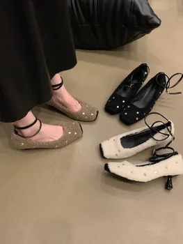 мокасини Кожени обувки Жена 2023 Дамски обувки сабо платформа Modis кристал случайни маратонки квадратни пръсти нова рокля пълзящи сладък