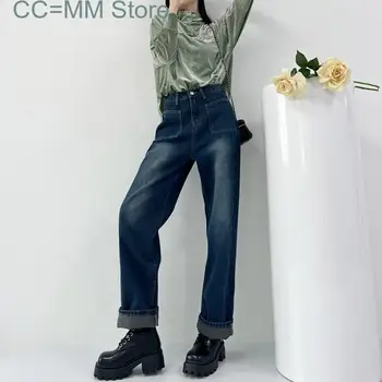 Нов реколта торбести дънкови панталони за жени корейски висока талия джобове широк крак панталони офис дами мода летни дънки