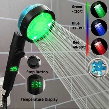 Цифров температурен дисплей душ глава 3/7 цветове промени LED високо налягане душ вентилатор валежи баня дюза пръскачка