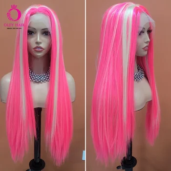 OLEY розова дантела предна перука Ombre 30 инчови синтетични перуки за жени подчертават копринена права влакна коса перука Cosplay топлоустойчиви