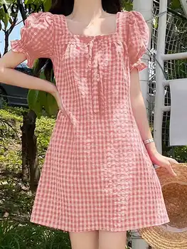 VONDA бохемски жени мини рокля 2024 лято къс бутер ръкав карирана роба мода Sundress площад яка случайни хлабав вестидос