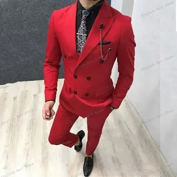 Tailor Made 2 парчета червени мъже костюм тънък годни младоженец смокинги сватба бизнес двойна гърда нетактичност яке панталони
