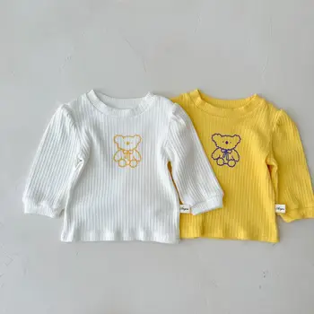 2023 Корейски есен бебе момиче ризи памук дълъг ръкав оребрени дъна универсален малко дете момичета върховете бебе момичета тениски