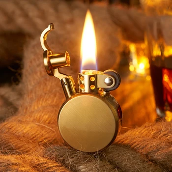 2023 Нова ретро кръгла керосинова запалка Creative Metal Flame Lighter Gold Silver Oil Cigarette Lighter Търговия на едро Персонализирано лого