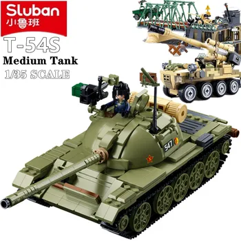 Нов Sluban WW2 T-54 Основен боен танков строителен блок Класически военен брониран автомобил от Втората световна война Модел тухли Момче Детски играчки подарък