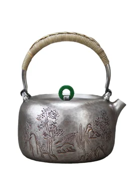 китайски стил сребърен чайник стерлинги сребърен чайник ръчно изработени пейзаж повдигане дръжка чайник чайник церемония у дома малко