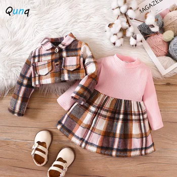 Qunq 2023 Есенни момичета ревера еднореден дълъг ръкав каре палто + пачуърк рокля 2 парчета комплект ежедневни детски дрехи възраст 0-2T