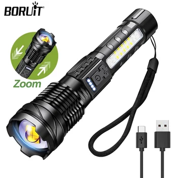 BORUiT 30W ултра мощно увеличение LED фенерче 2600mA батерия USB-C акумулаторна светкавица Тактически военен фенер за търсене